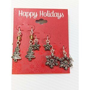 Happy Holidays Set of 3 Silver Tone Christmas Tree Snowflake Star Dangle Earring